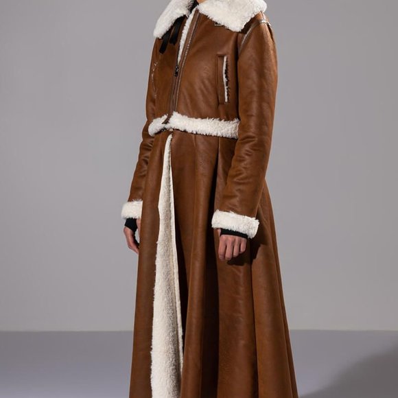 Miz Milk Chocolate Aviatrix Sherpa Lined Vegan Leather Convertible Trench Coat L
